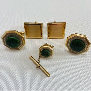 VINTAGE GOLD TONE GREEN STONE ASSORTED CUFF LINK PIN SET